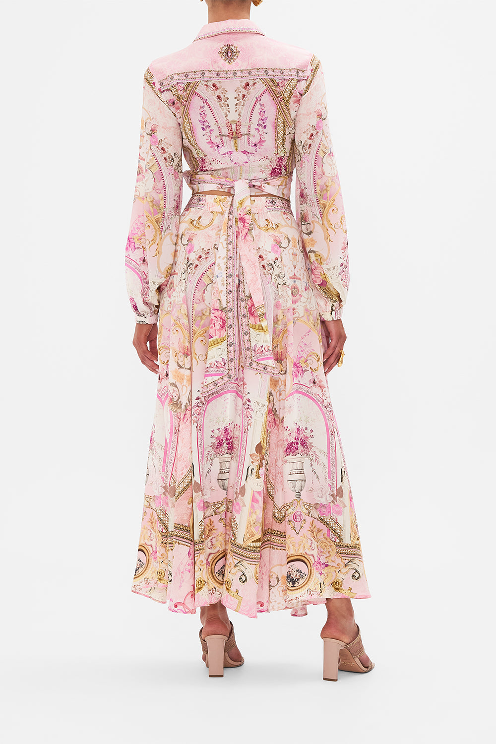 Back view of model wearing CAMILLA cropped shirt in Fresco Fairytale print