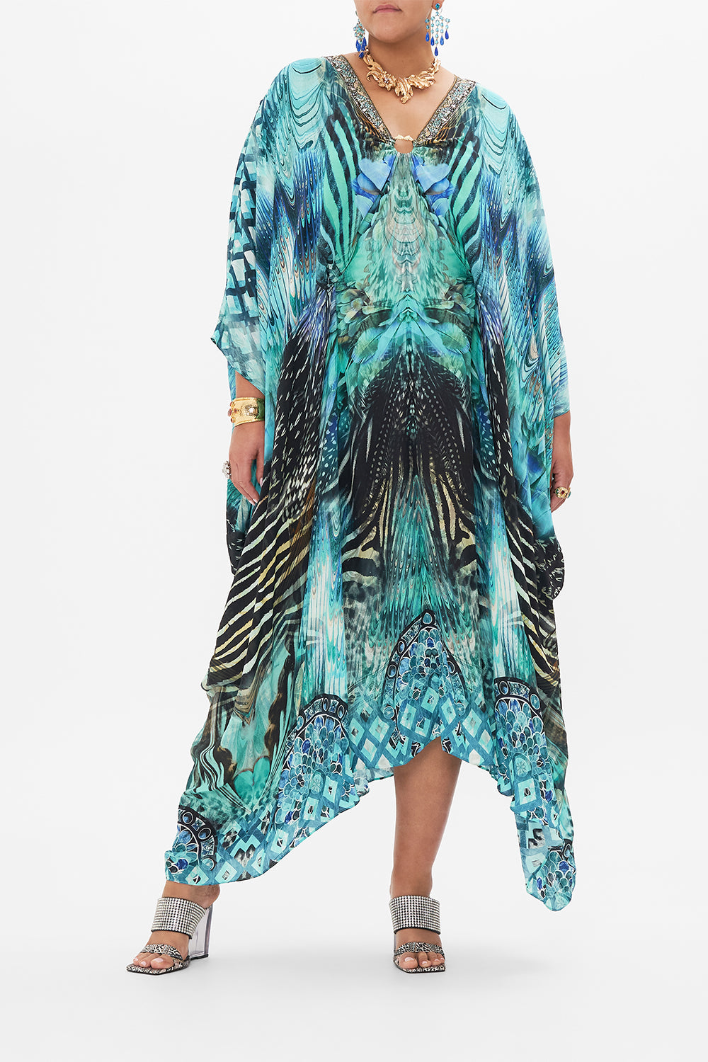 Front view of curvy model wearing CAMILLA plus size silk kaftan in Azure Allure print