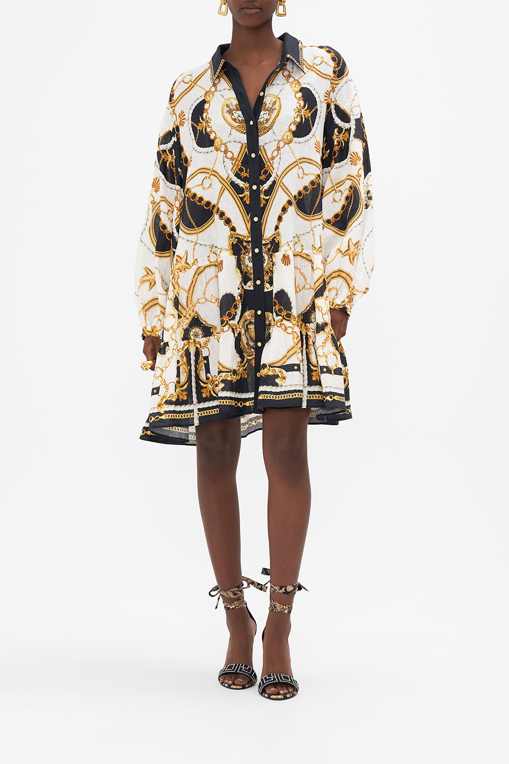 Front view of model wearing CAMILLA shirtdress in Sea Charm Print