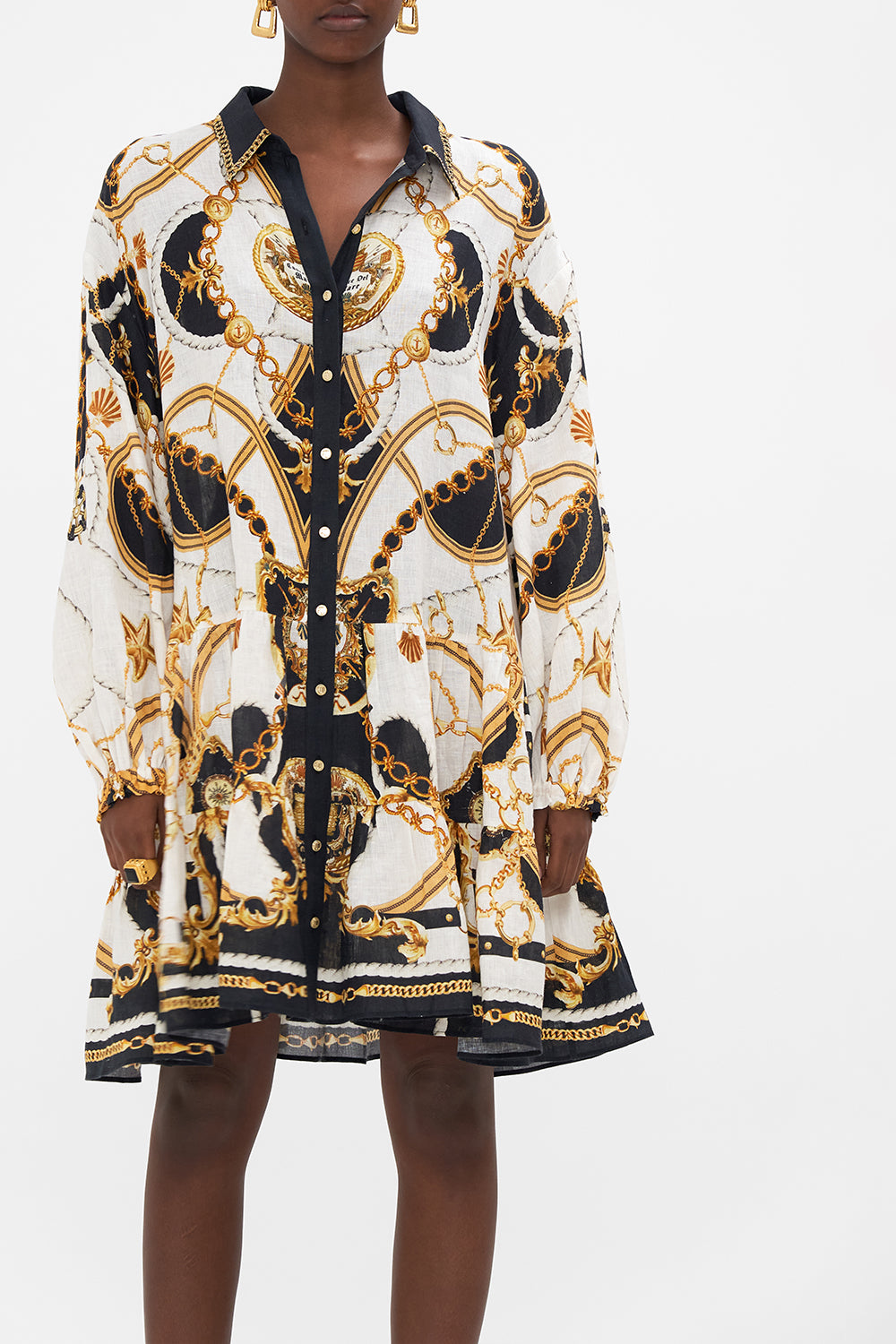 Detail view of model wearing CAMILLA shirtdress in Sea Charm Print