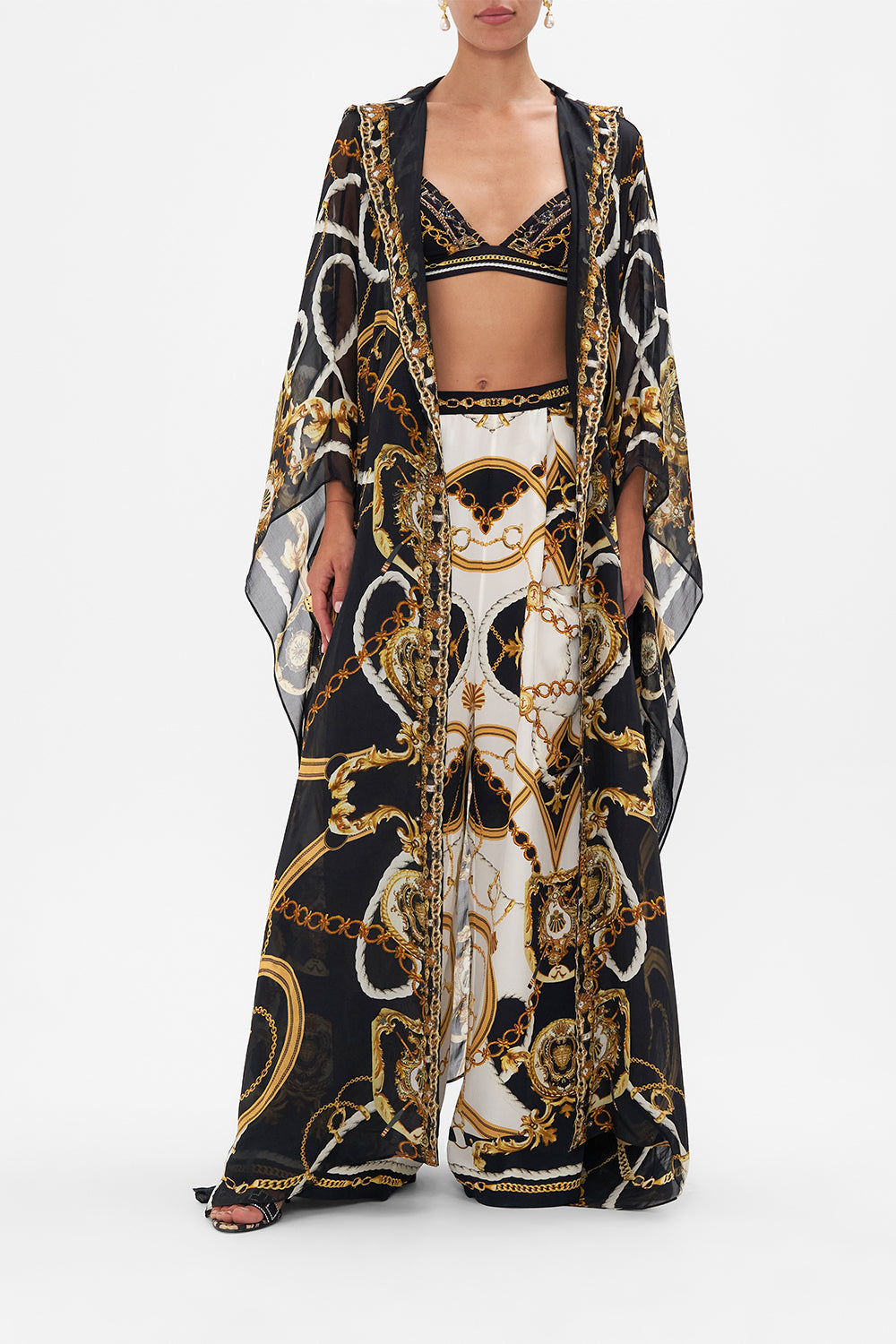 Front view of model wearing CAMILLA silk robe in Coast To Coast print