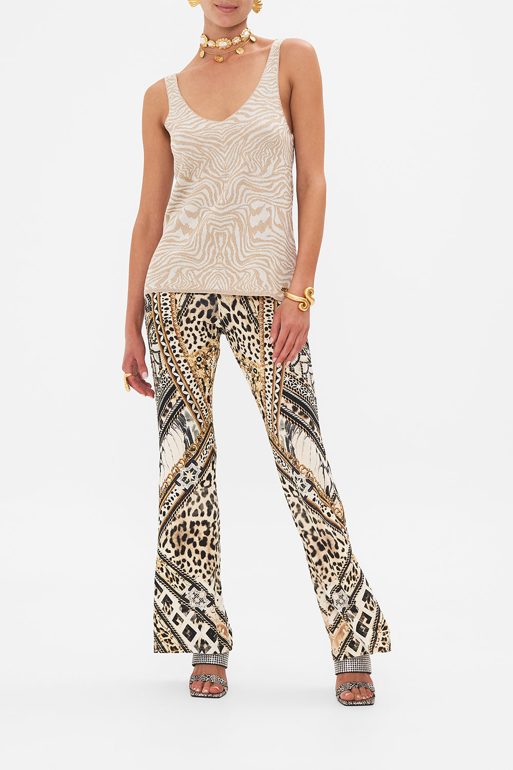 Front view of model wearing CAMILLA designer animal print knit top in Mosaic Muse
