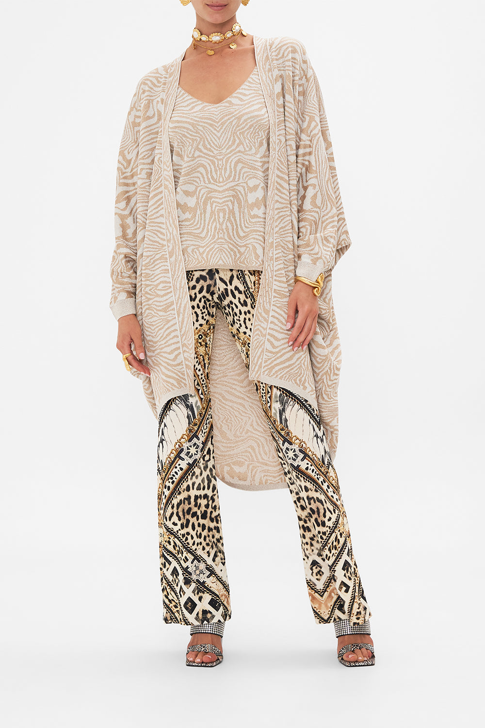 Front view of model wearing CAMILLA knit layer cardigan in Mosaic Muse