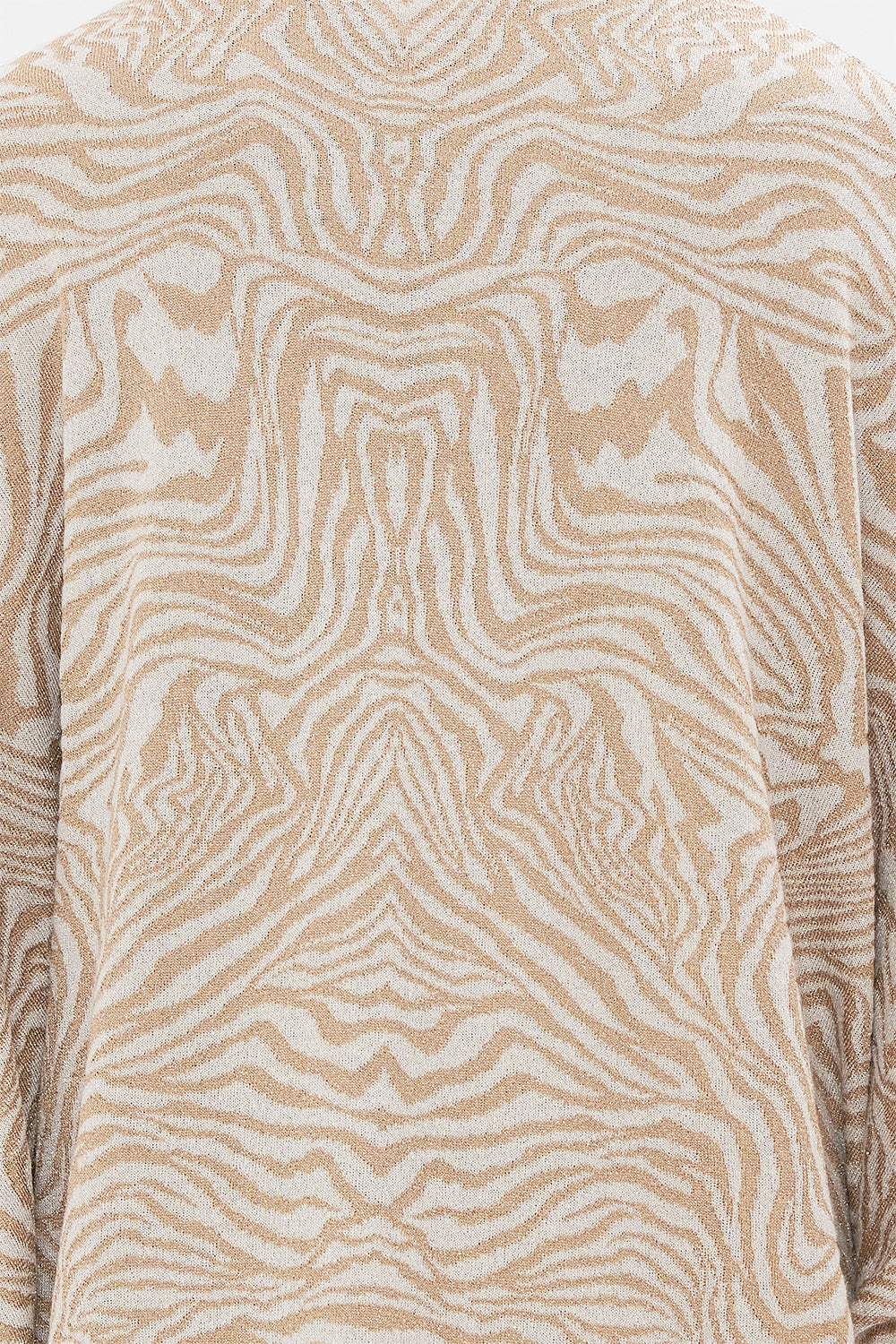 Detail view of model wearing CAMILLA knit layer cardigan in Mosaic Muse