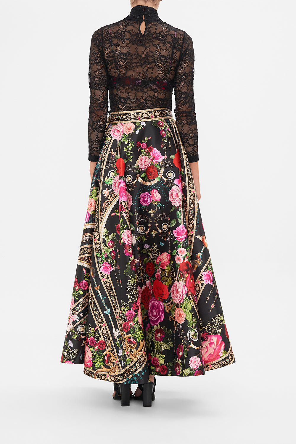 Back view of model wearing CAMILLA designer maxi wrap skirt in Reservation Fot Love print