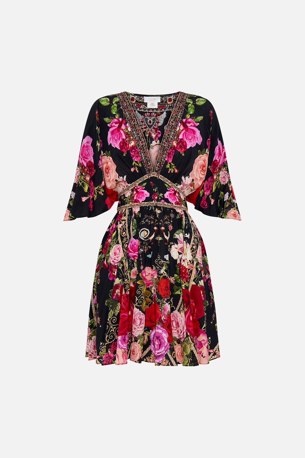 Product view of CAMILLAdesigner mini dress in Reservation for Love print