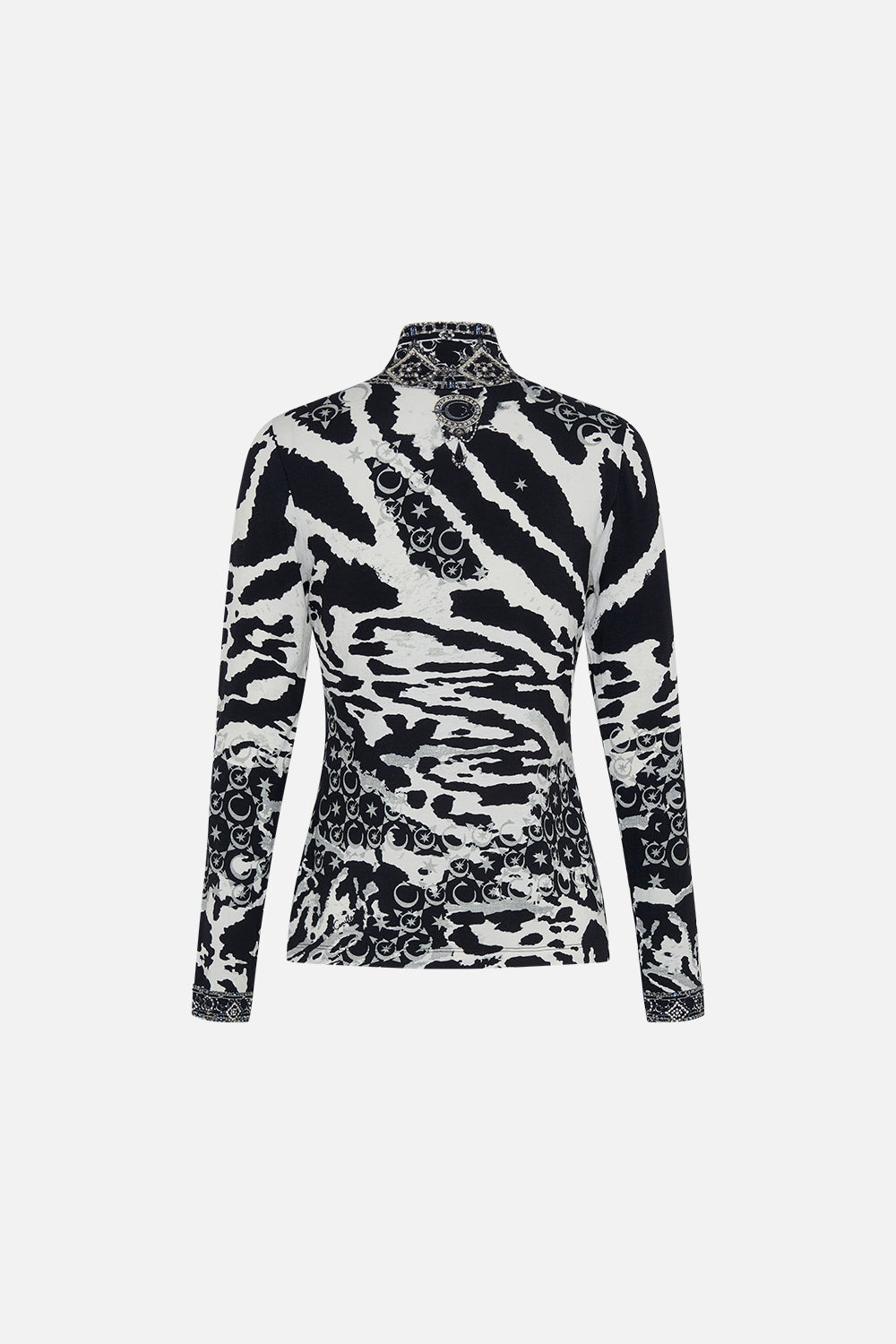 Back product view of CAMILLA turtleneck top in black and white Feline Fantasy print