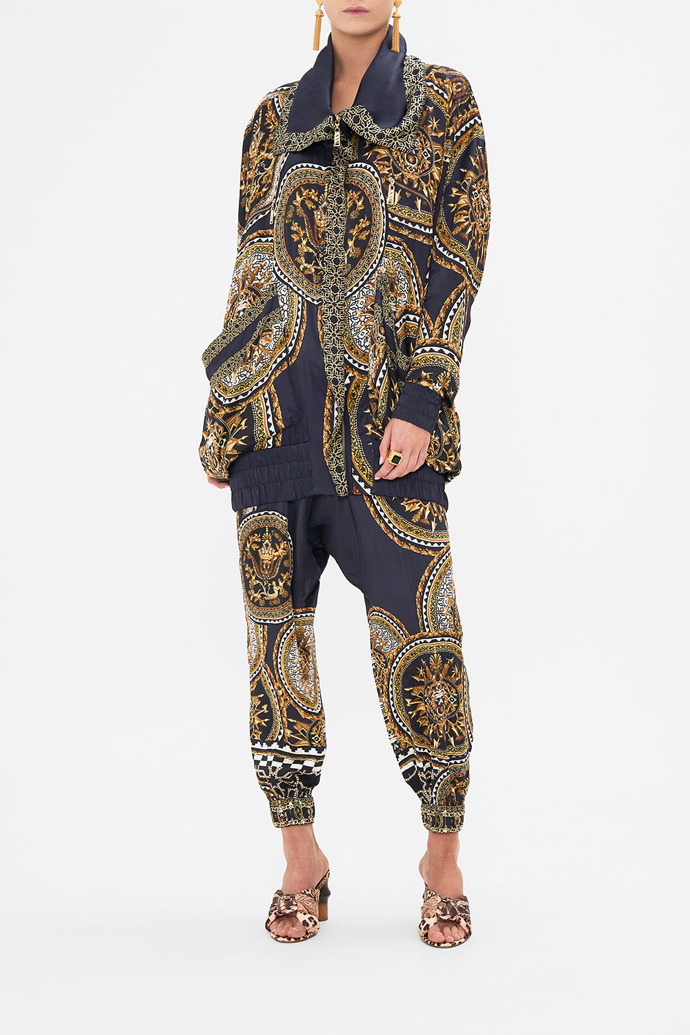 Front view of model wearing CAMILLA silk jacket in Duomo Kaleido print