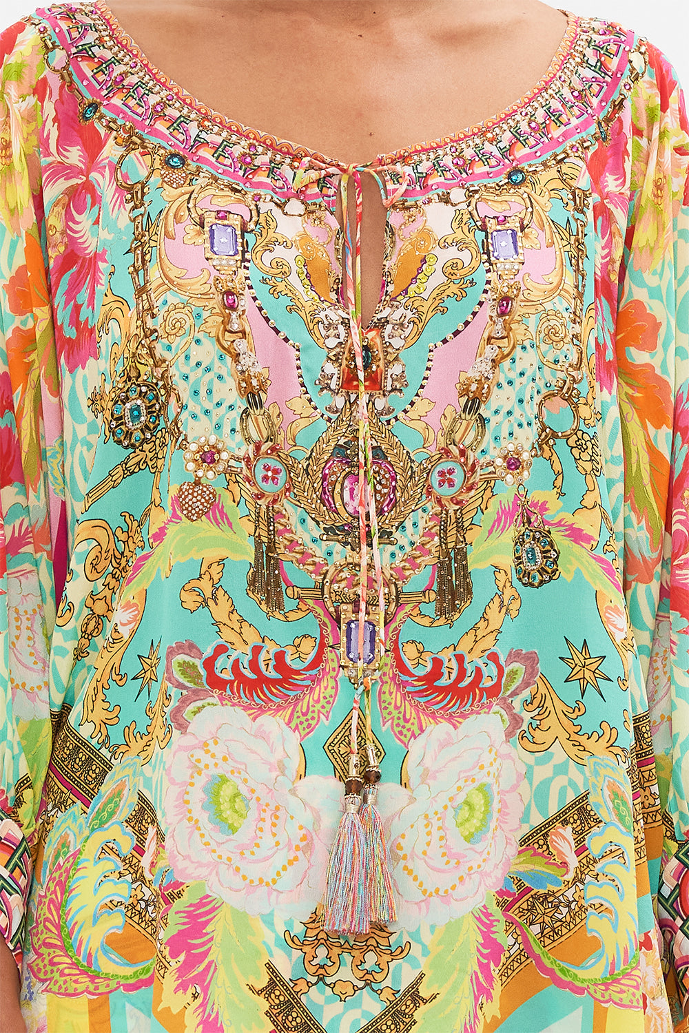 Detail view of model wearing CAMILLA printed silk blouse in An Italian Welcome print