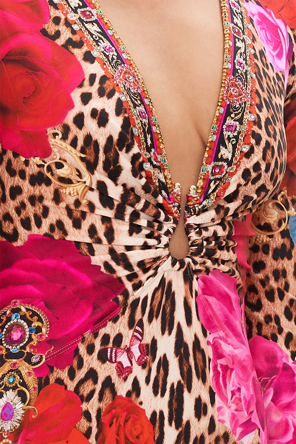 Detail view of model wearing CAMILLA catsuit in Heart Like A Wildflower print