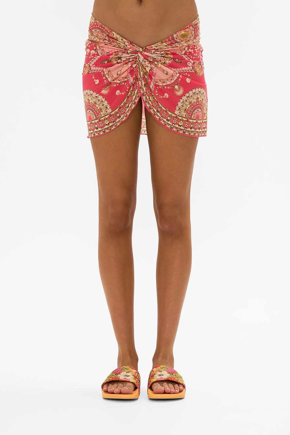 CAMILLA pink twist front short skirt in Shell Games