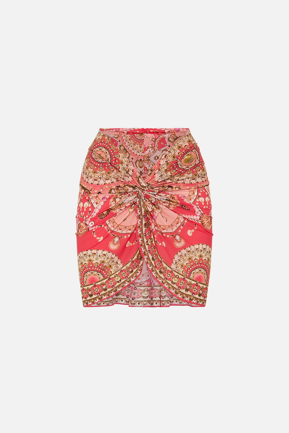 CAMILLA pink twist front short skirt in Shell Games