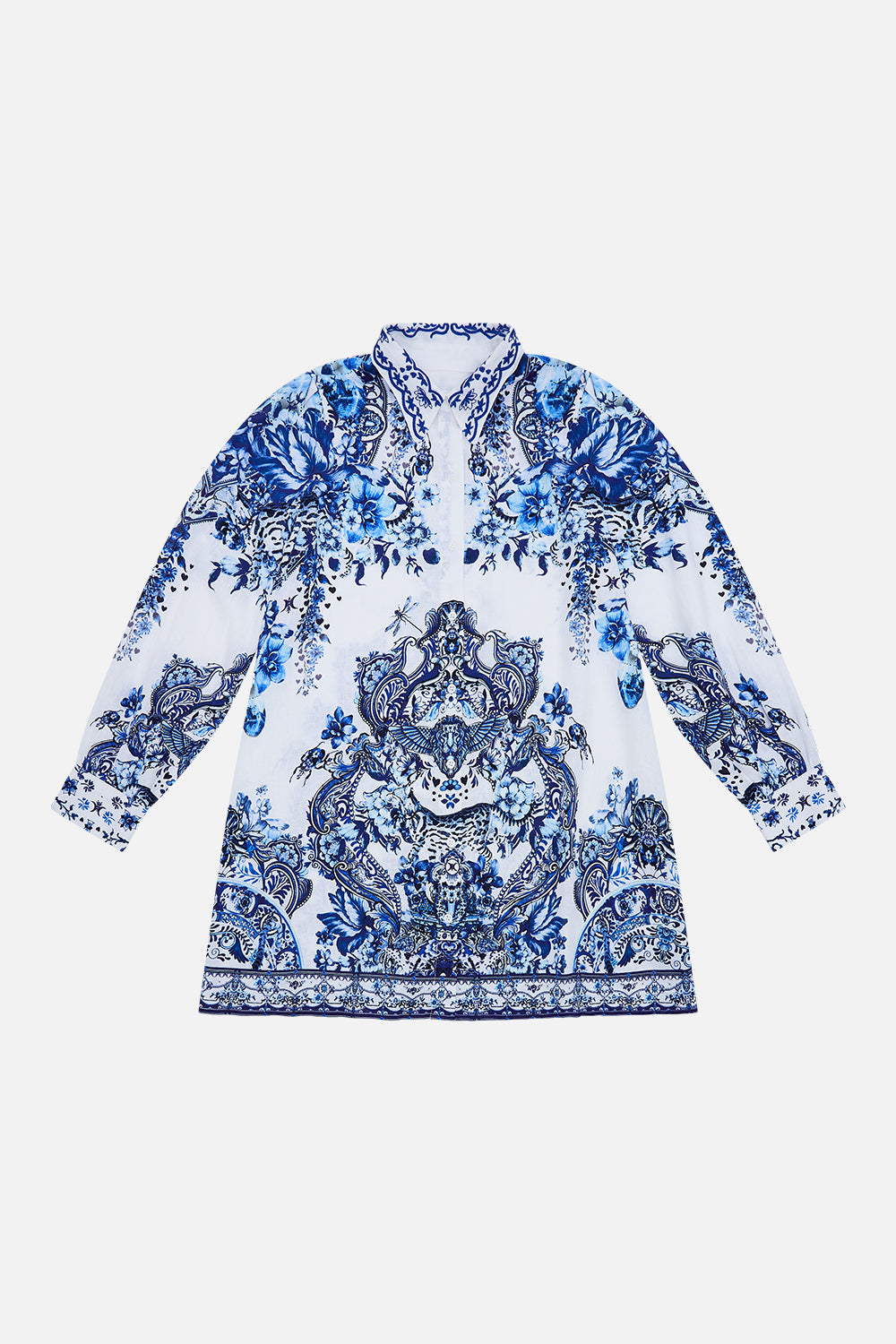 Front product view of MILLA by CAMILLA kids mini shirt dress in Glaze and Graze print