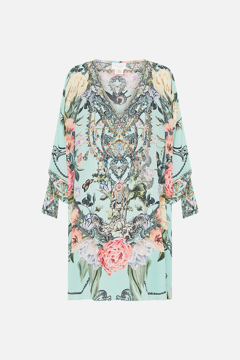 CAMILLA Floral Tie Sleeve Short V-Neck Kaftan in Petal Promise Land print