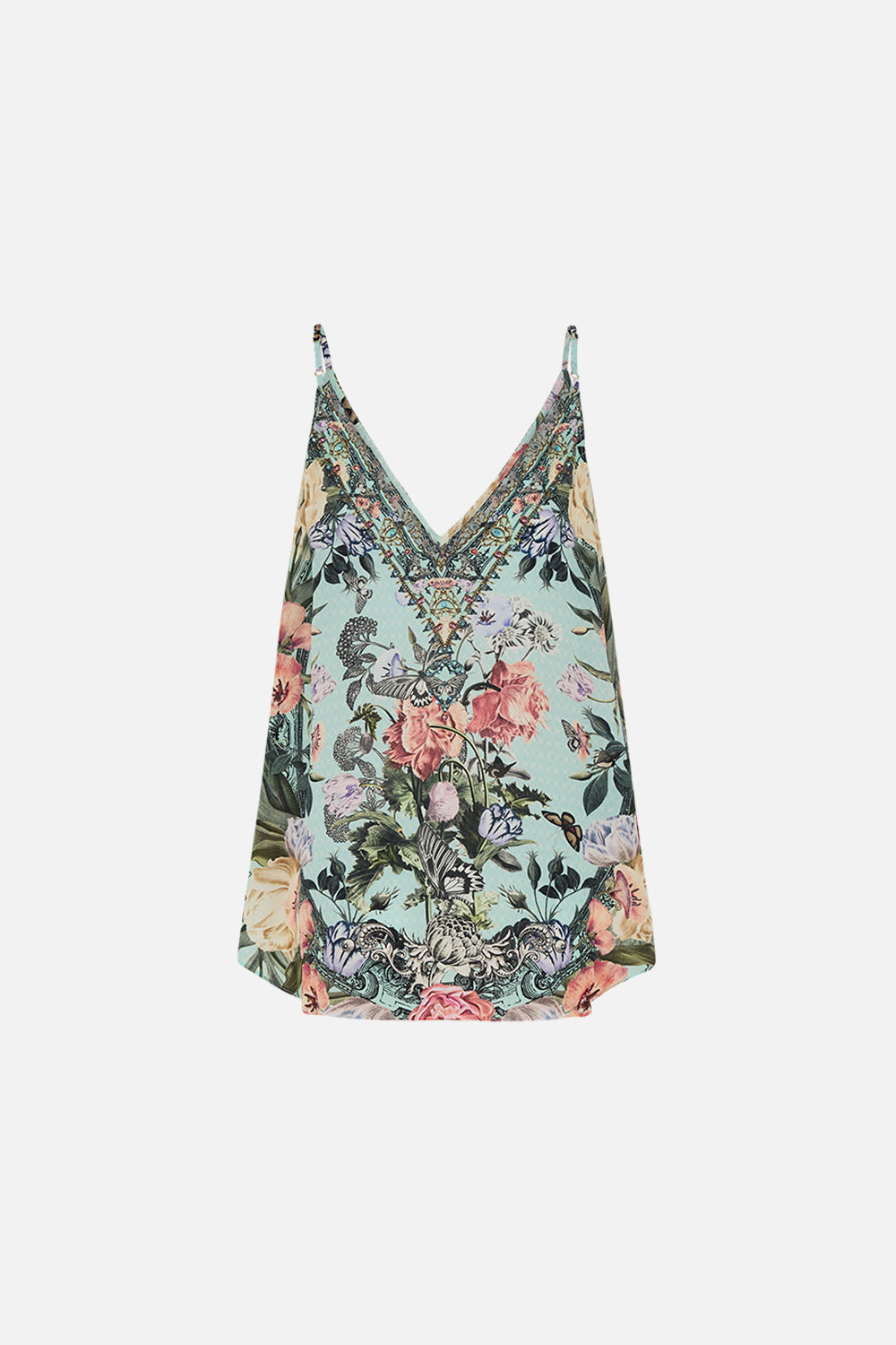 CAMILLA floral v neck silk cami in Petal Promiseland print