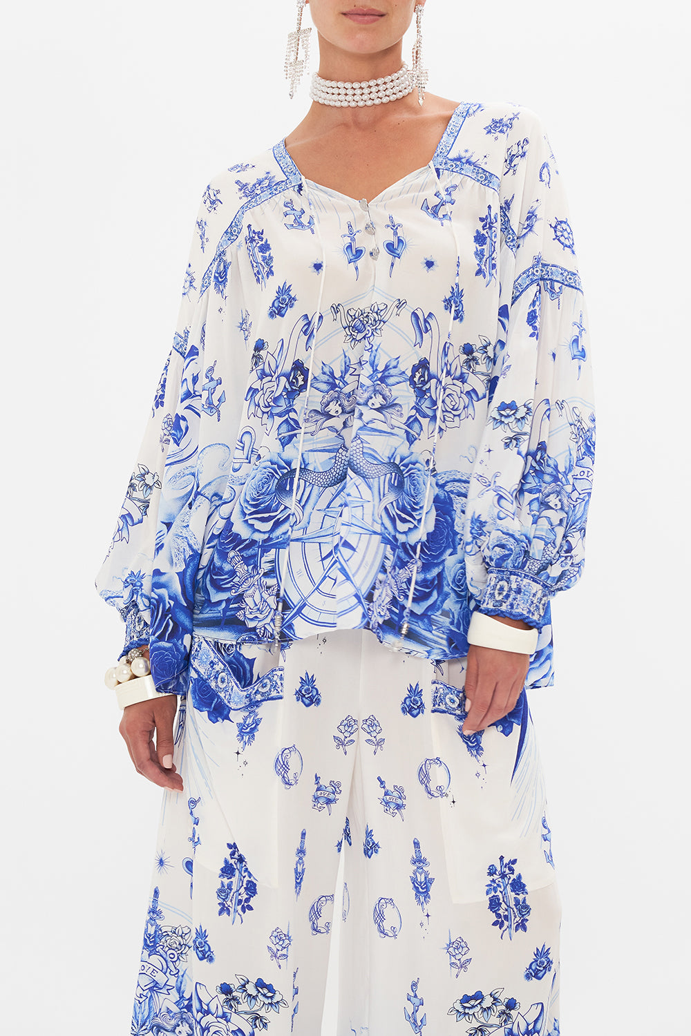 BLOUSON BLOUSE WITH NECK TIE IMMORTAL INK