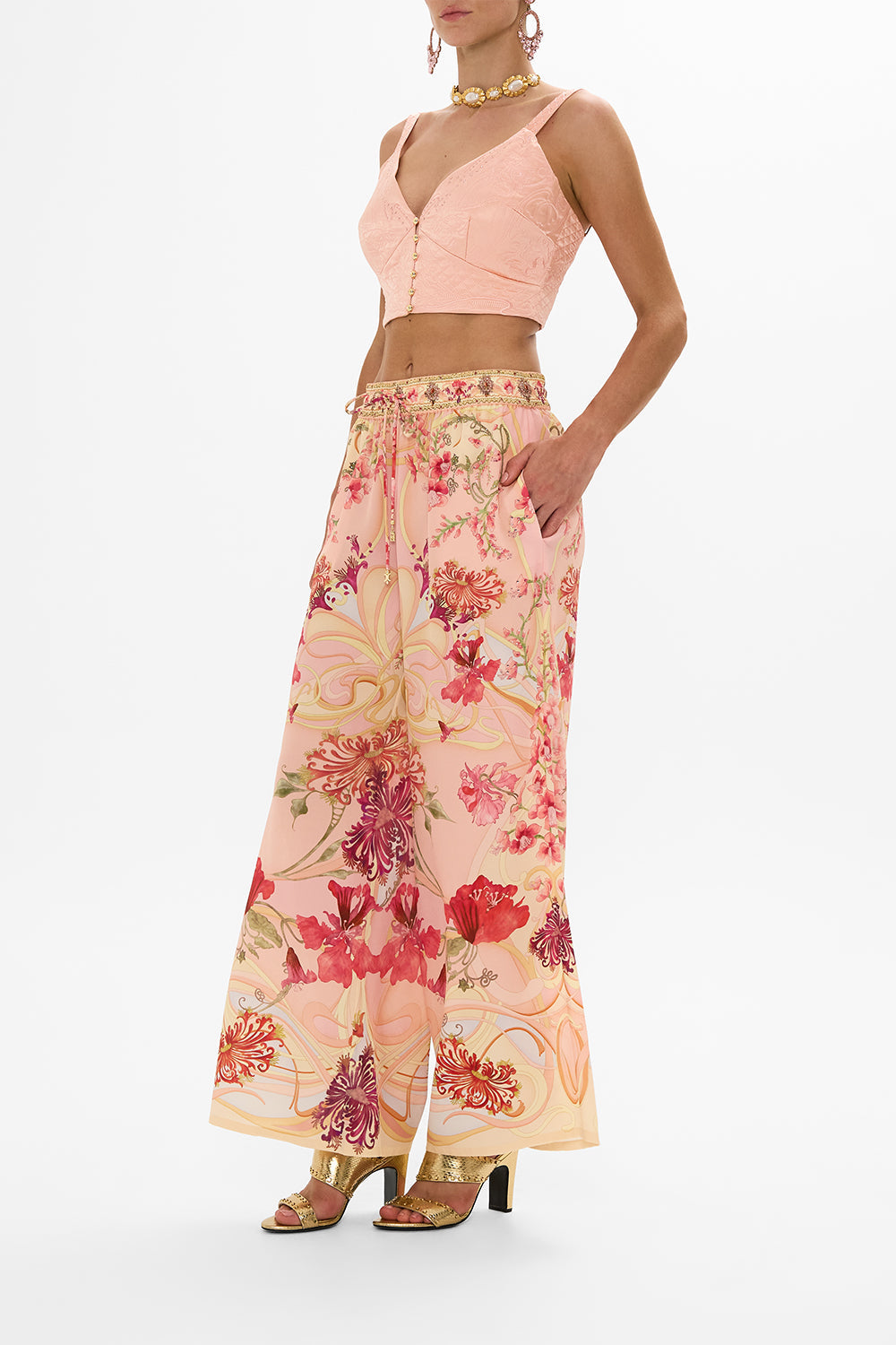 CAMILLA pink blush quilted bralette in Blossoms And Brushstrokes print.