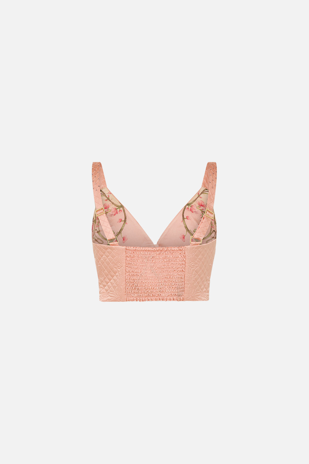 CAMILLA pink blush quilted bralette in Blossoms And Brushstrokes print.