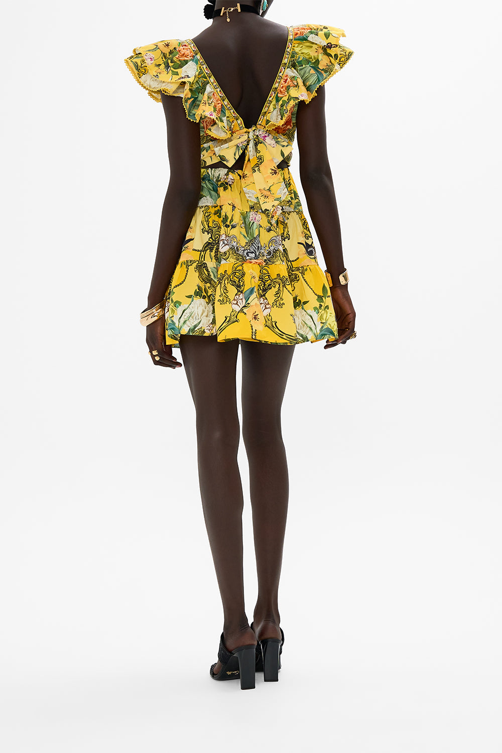 CAMILLA yellow short mini dress Paths Of Gold print