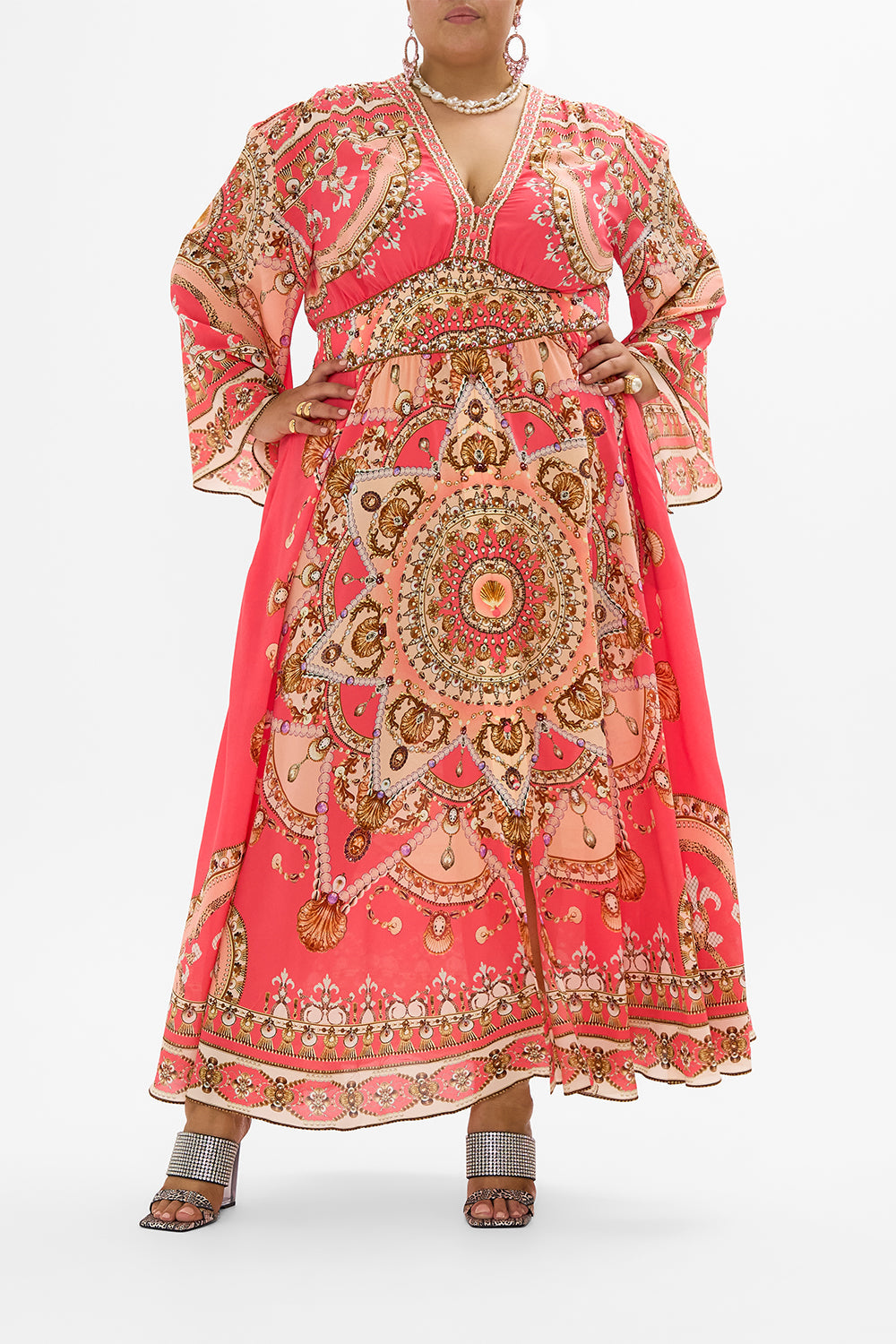 CAMILLA Pink Kimono Sleeve Dress with Shirring Detail in Shell Games