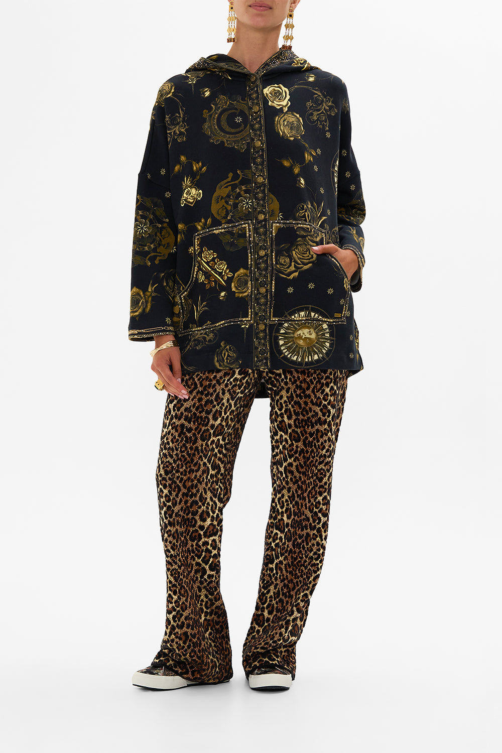 CAMILLA black hoodie jacket with pockets in So Says The Oracle print.