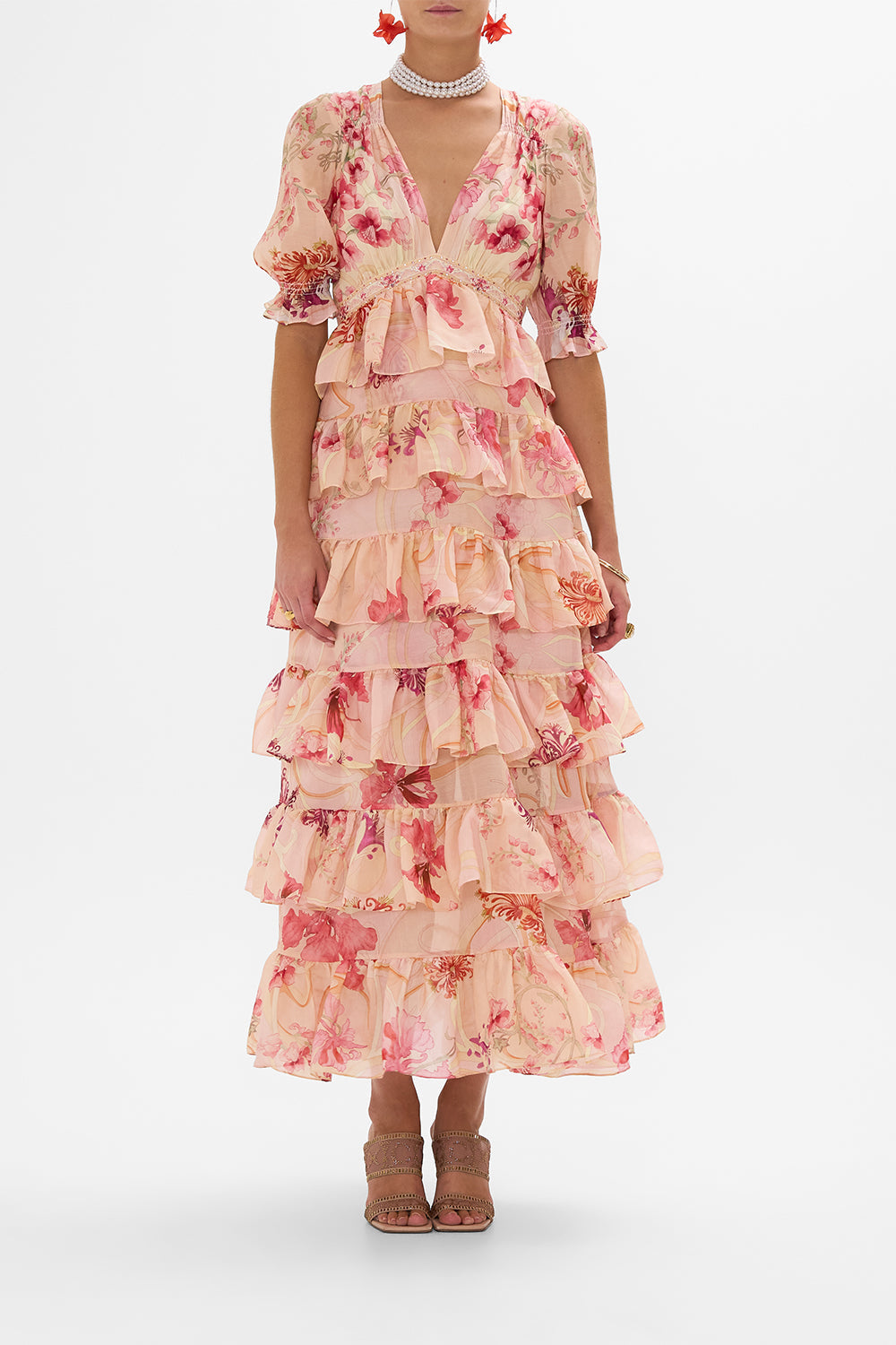 CAMILLA Floral Puff Sleeve Tiered Skirt Long Dress in Blossoms and Brushstrokes