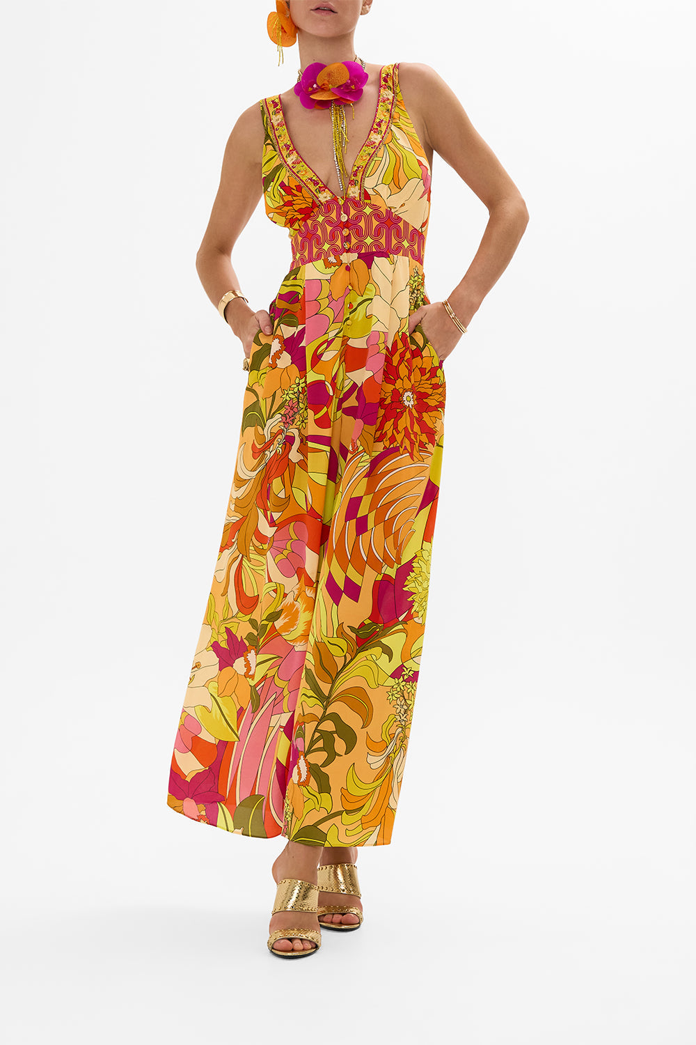 CAMILLA Floral Halterneck Jumpsuit with Tie Neck in The Flower Child Society