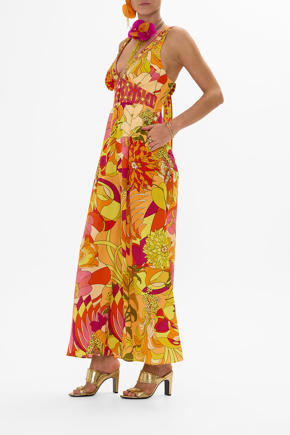 CAMILLA Floral Halterneck Jumpsuit with Tie Neck in The Flower Child Society