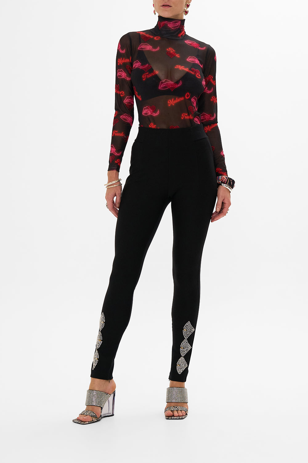 CAMILLA black mesh turtleneck in Electric Loveland print.