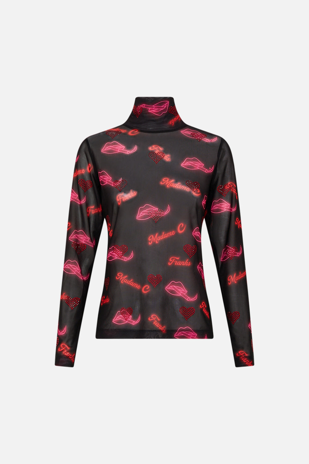 CAMILLA black mesh turtleneck in Electric Loveland print.