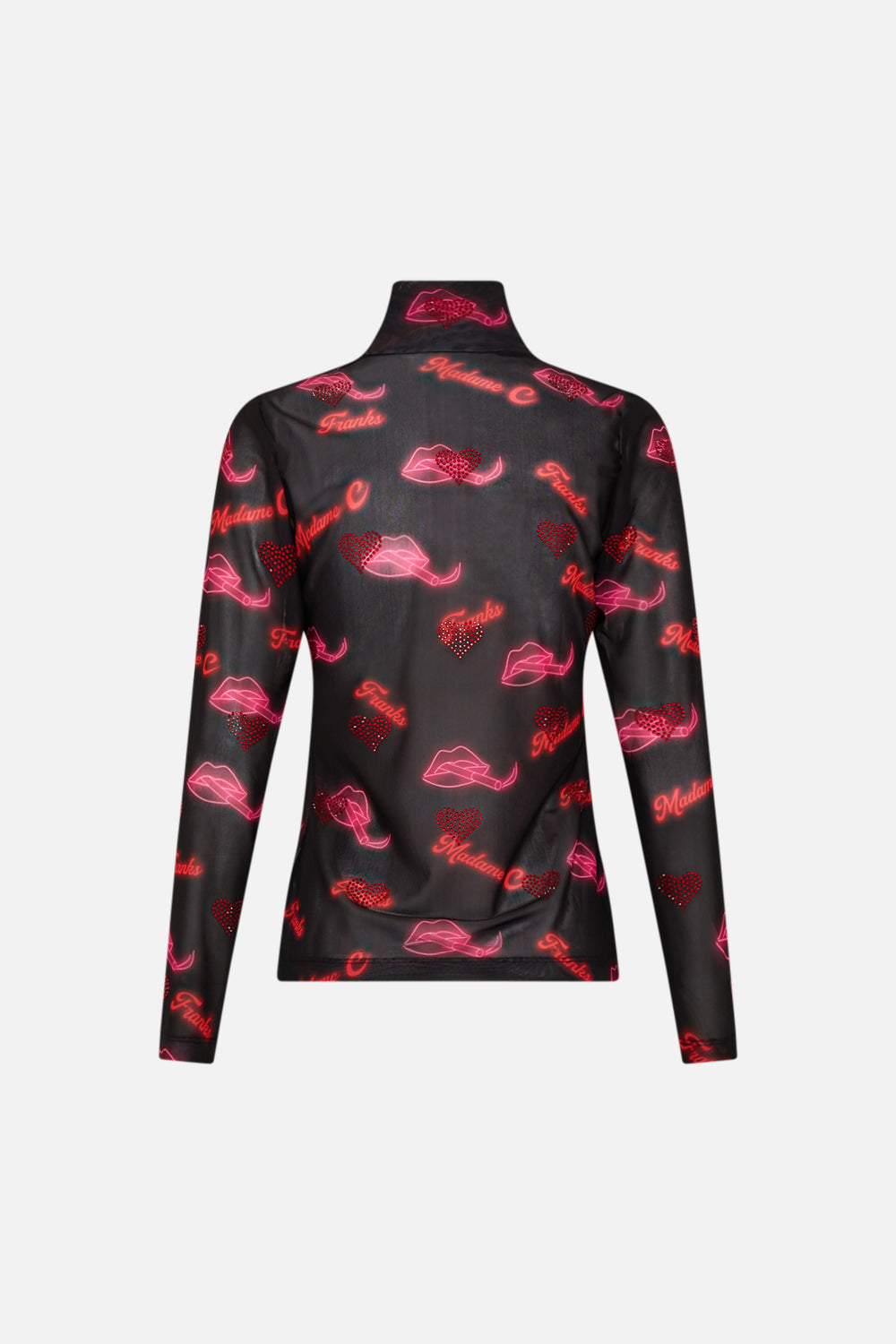 CAMILLA black mesh turtleneck in Electric Loveland print.