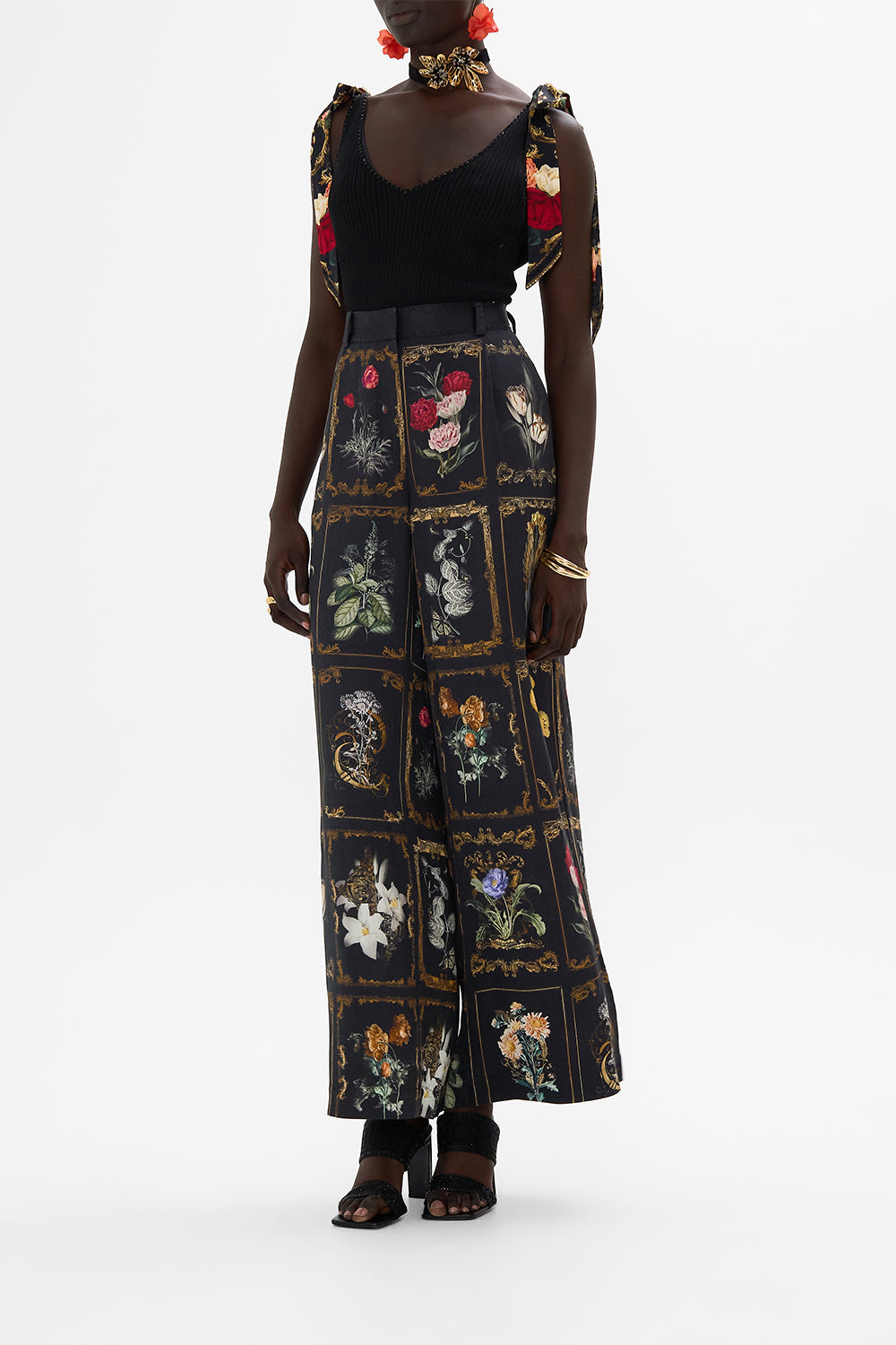 CAMILLA Black Knit Top with Silk Bow Detail in Magic in the Manuscripts print