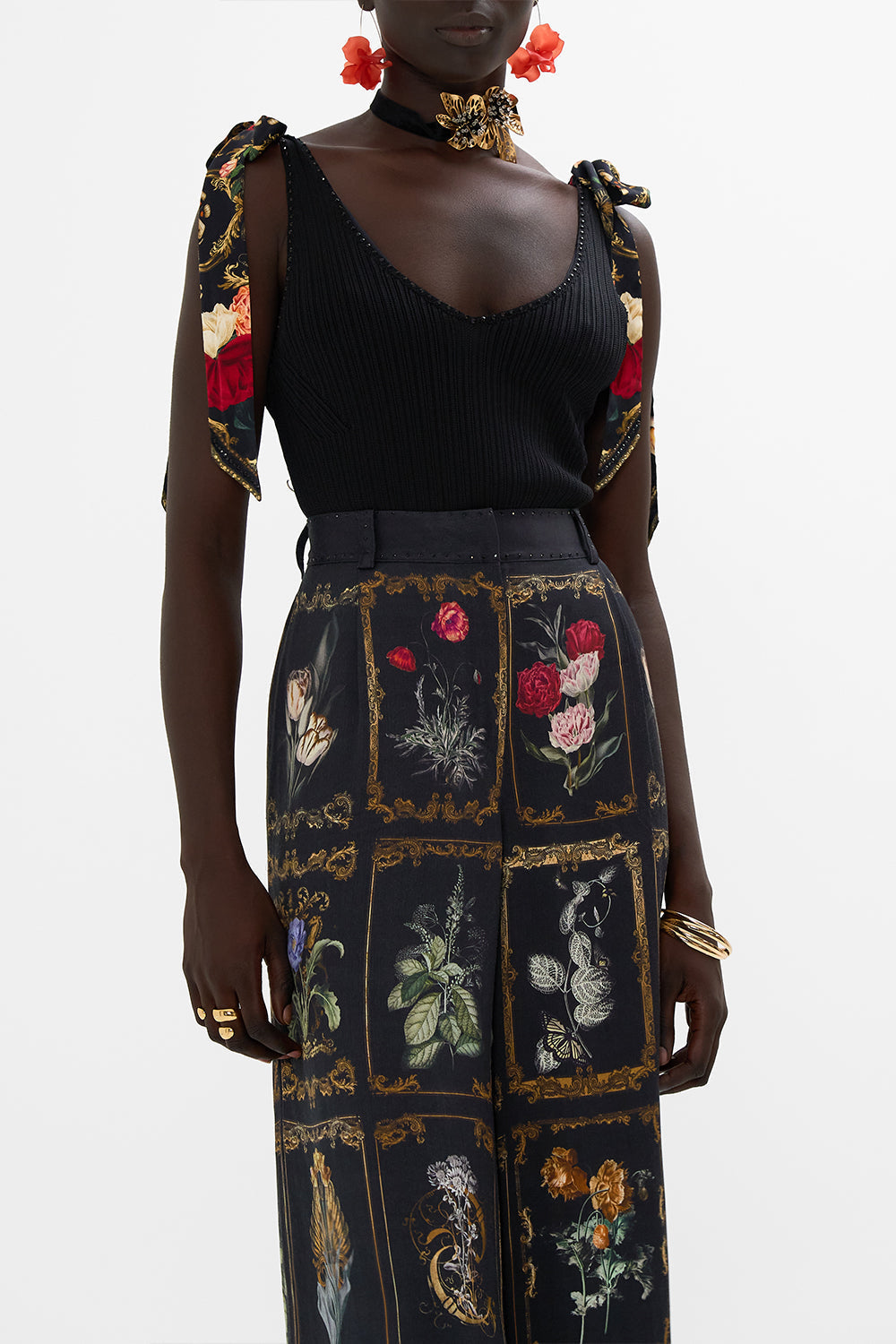 CAMILLA Black Knit Top with Silk Bow Detail in Magic in the Manuscripts print