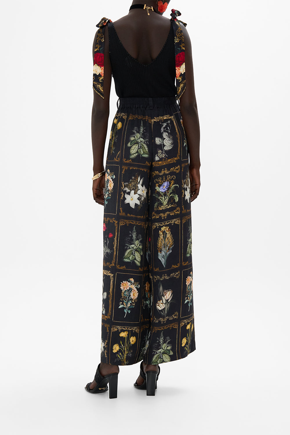 CAMILLA Black Knit Top with Silk Bow Detail in Magic in the Manuscripts print