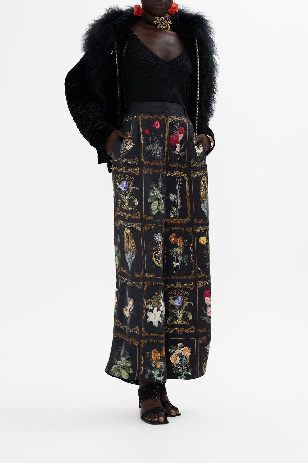 CAMILLA Black Knit Top with Silk Bow Detail in Magic in the Manuscripts print