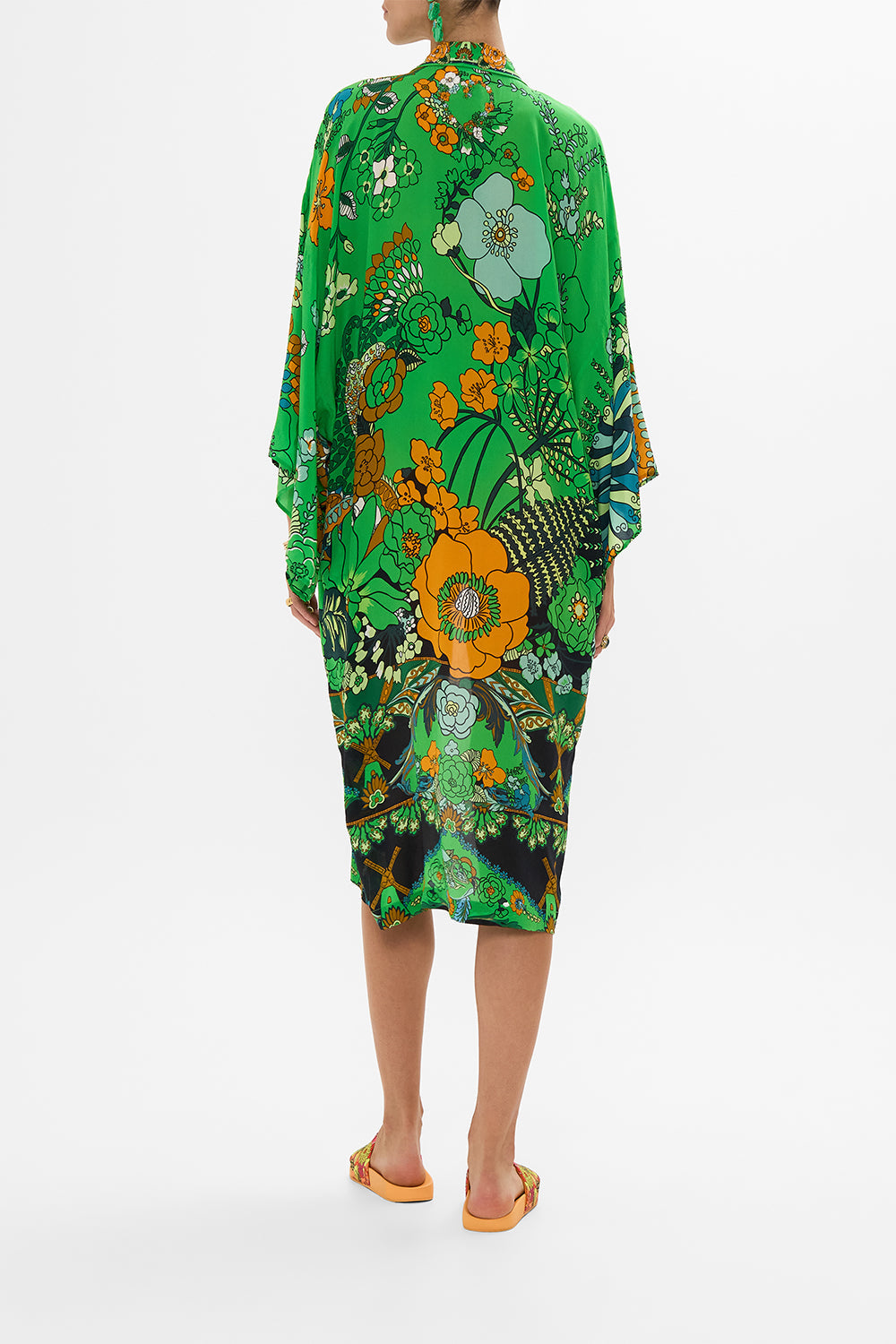 CAMILLA Green Mid Length Kimono Layer with Collar in Good Vibes Generation