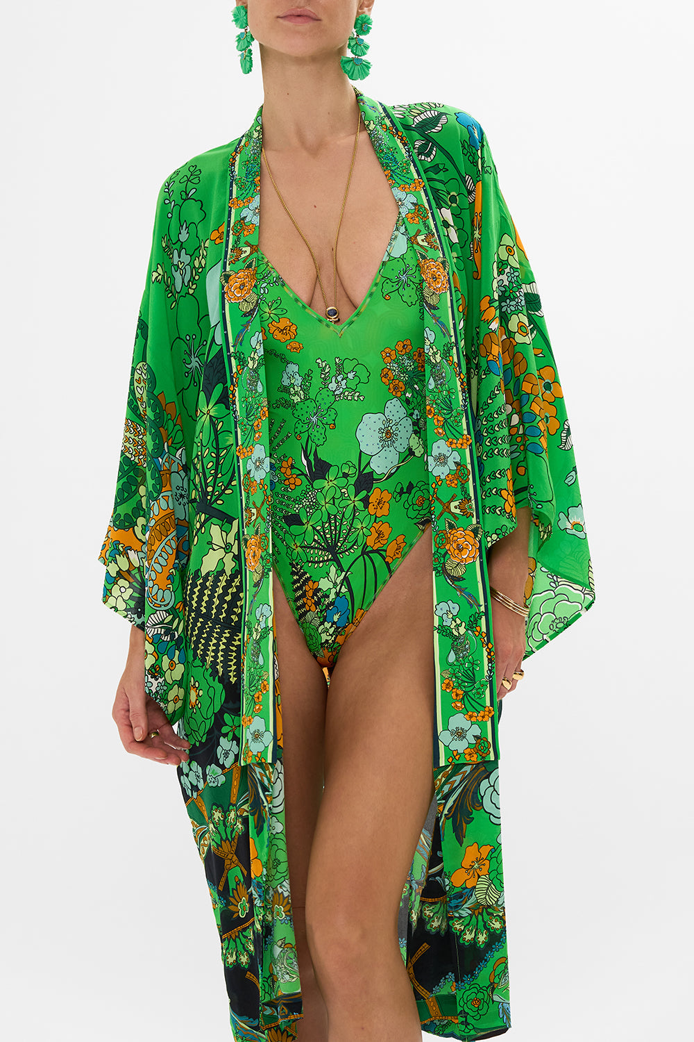 CAMILLA Green Mid Length Kimono Layer with Collar in Good Vibes Generation