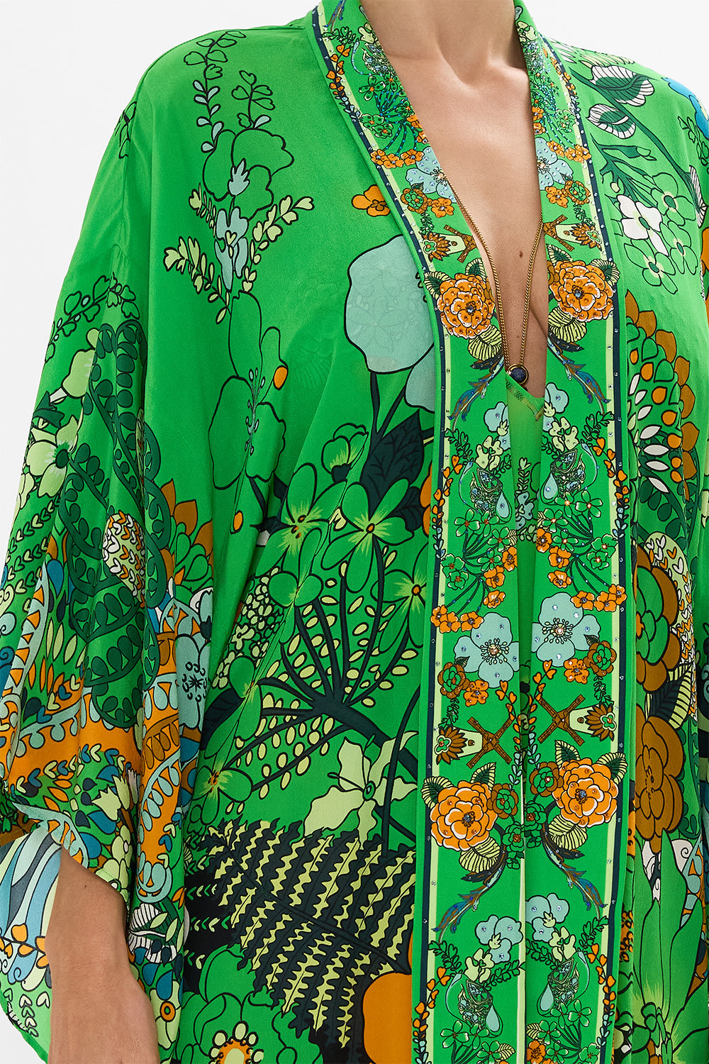 CAMILLA Green Mid Length Kimono Layer with Collar in Good Vibes Generation
