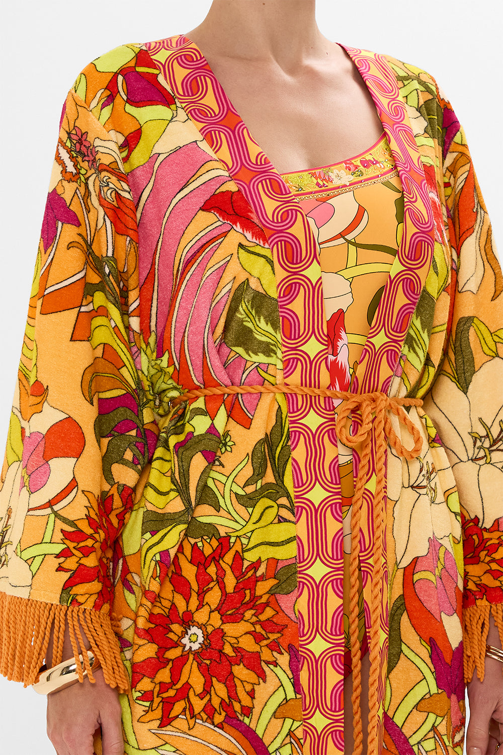 CAMILLA Floral Short Kimono Wrap in The Flower Child Society print