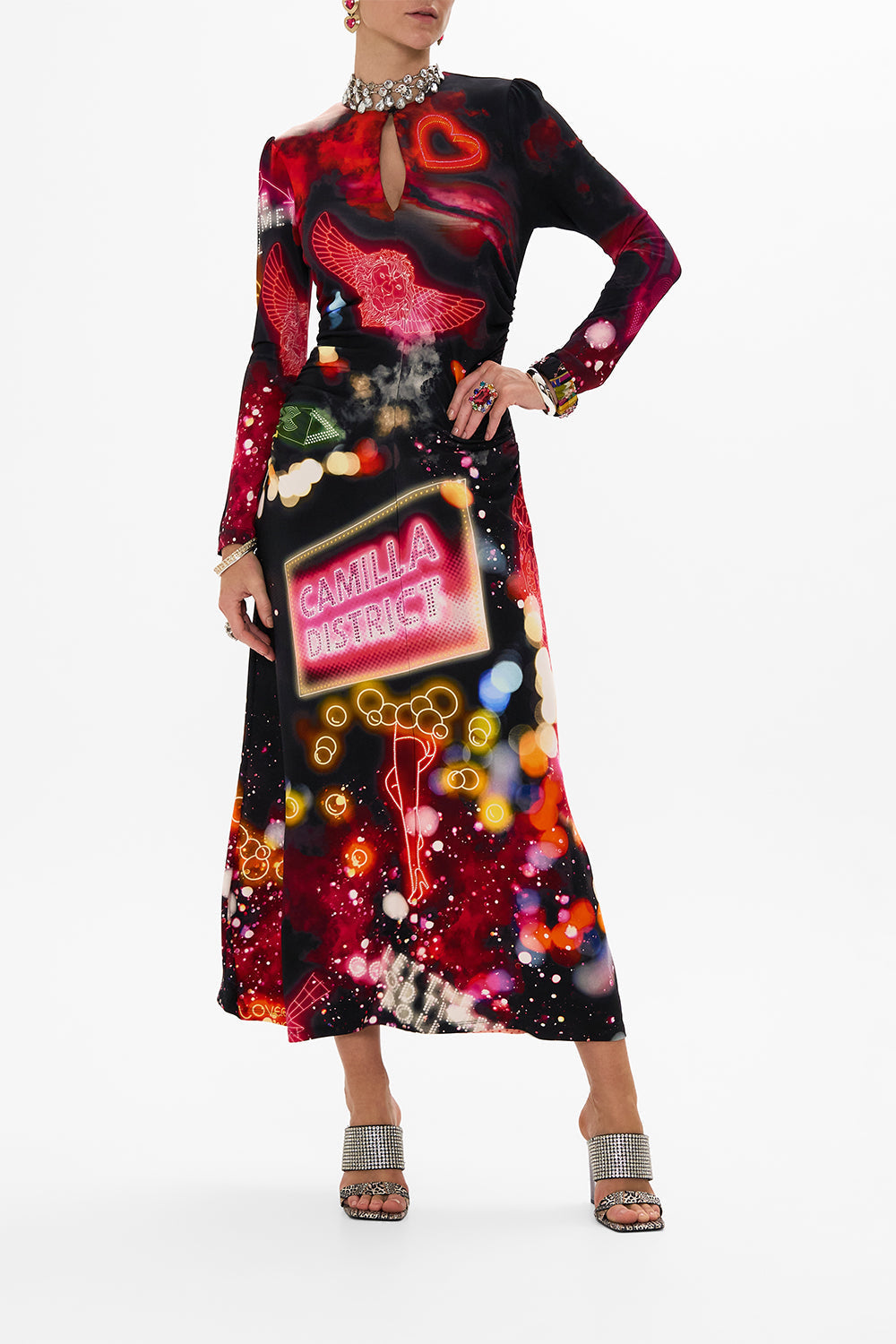 CAMILLA black jersey long dress in Electric Loveland print.