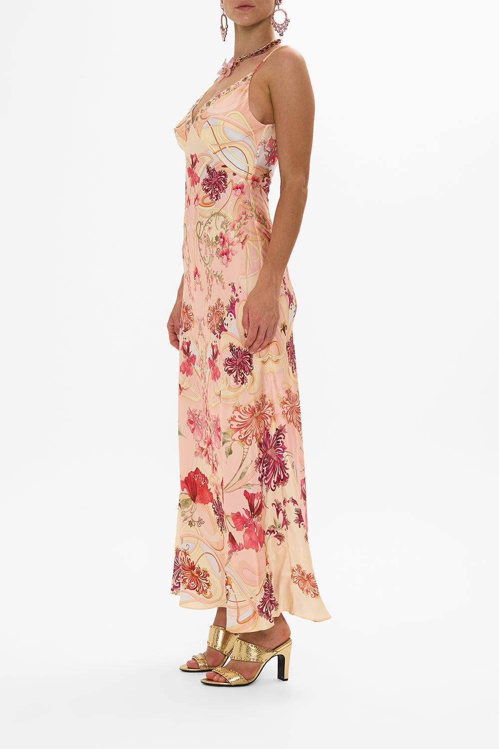 CAMILLA Floral V-Neck Full Length Bias Slip Dress in Blossoms and Brushstrokes