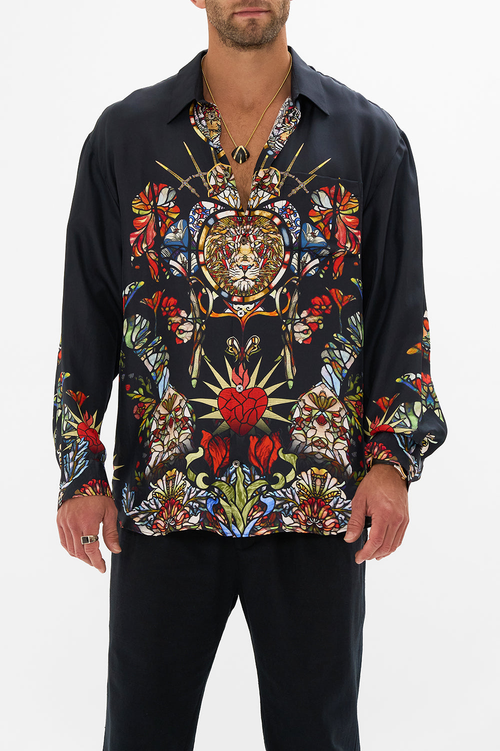 Hotel Franks by CAMILLA black mens oversized shirt in Leadlight Legends