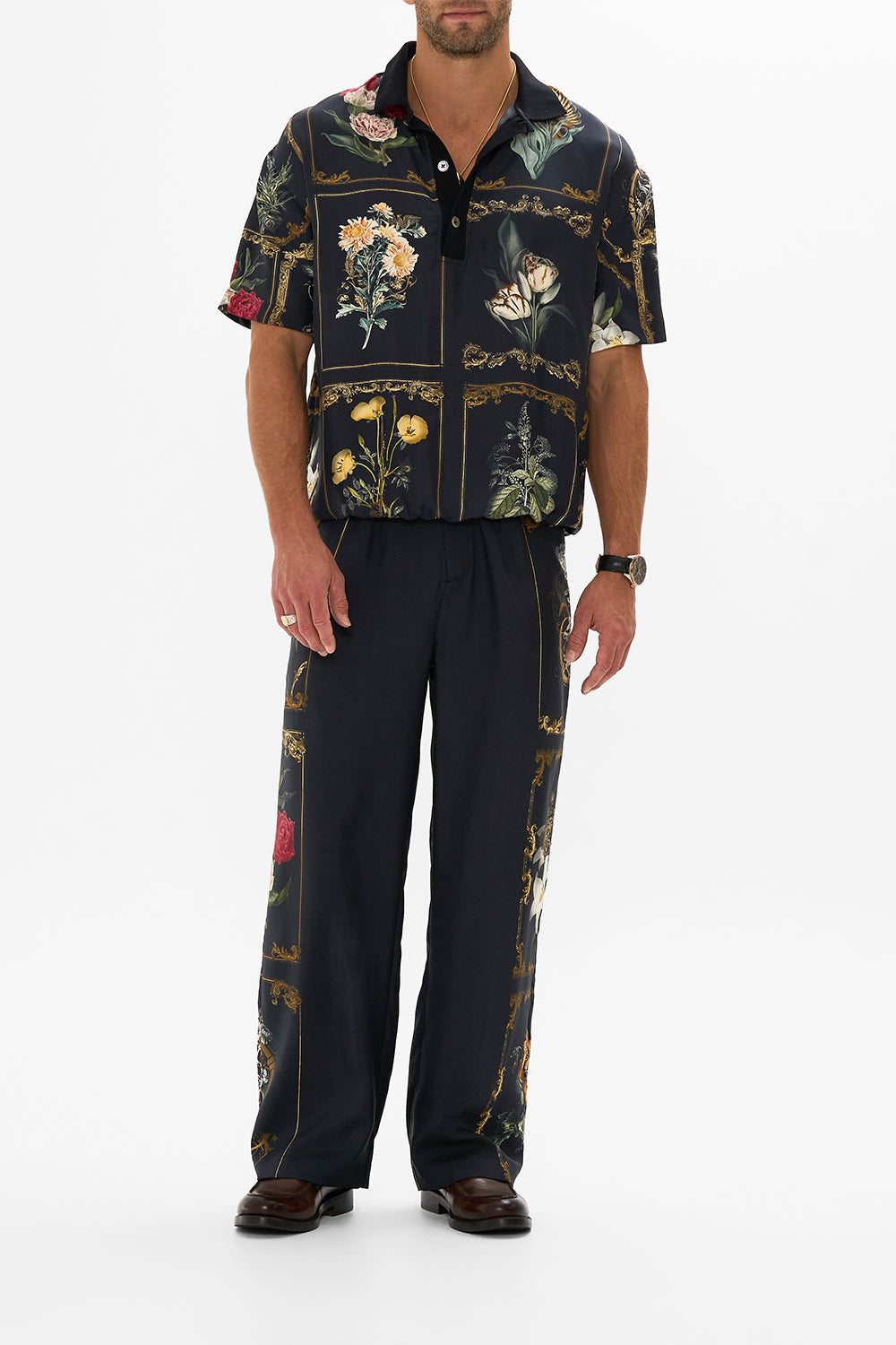 Hotel Franks by CAMILLA floral woven short sleeve polo shirt in Magic in the Manuscripts print