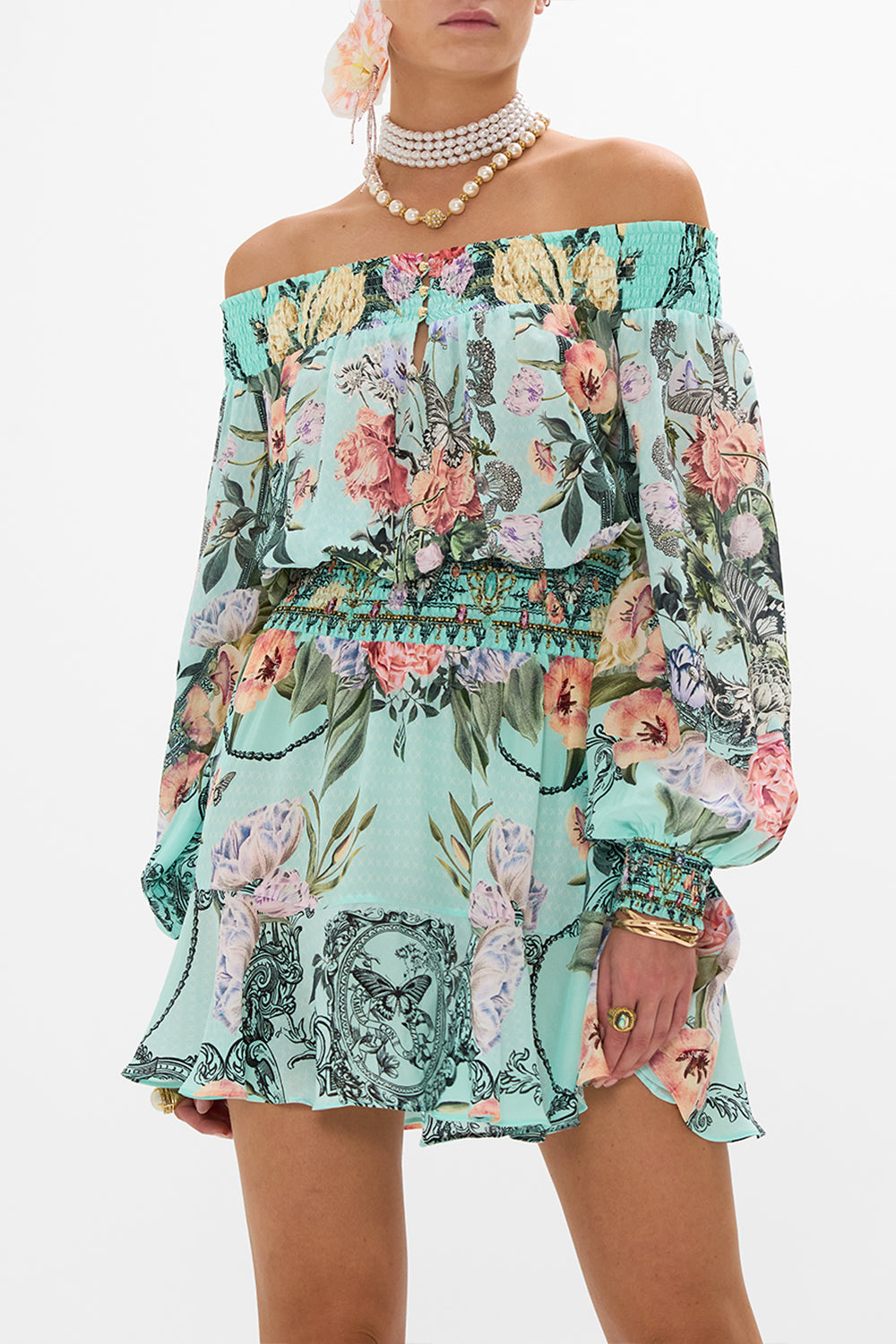 CAMILLA Floral Off Shoulder Short Dress in Petal Promise Land