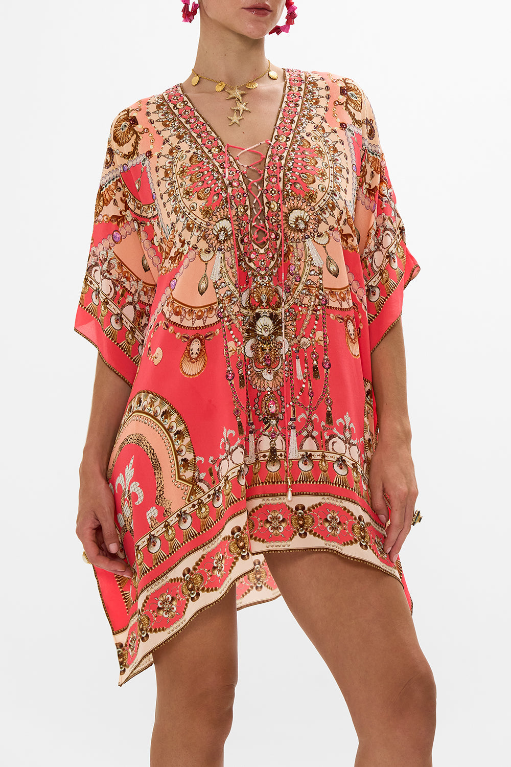 CAMILLA Pink Short Lace Up Kaftan in Shell Games