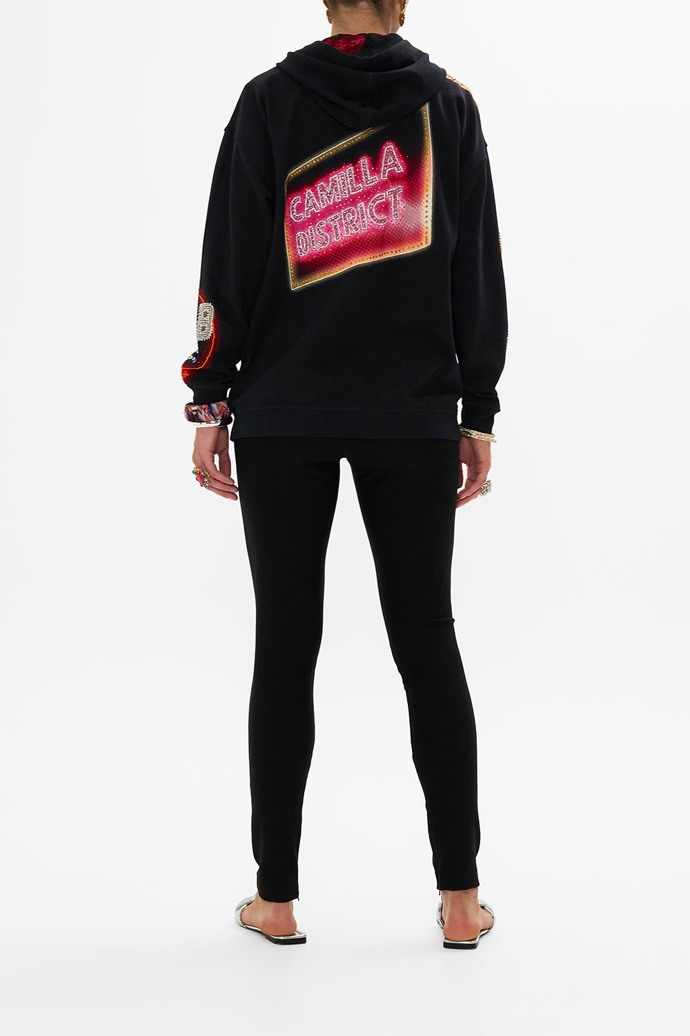 CAMILLA black hoody with pockets in Electric Loveland print.