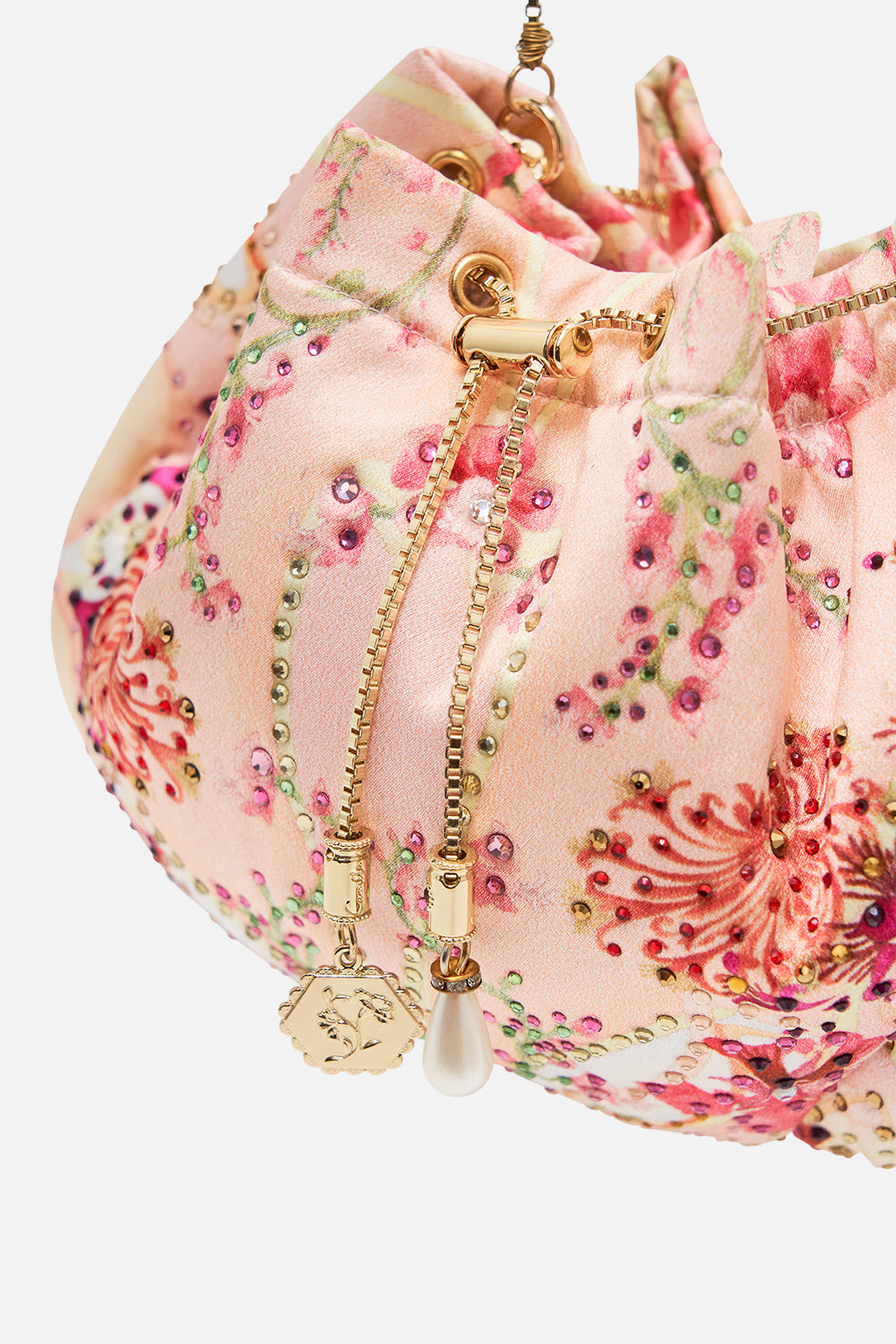 CAMILLA floral drawstring pouch with chain strap in Blossoms and Brushstrokes