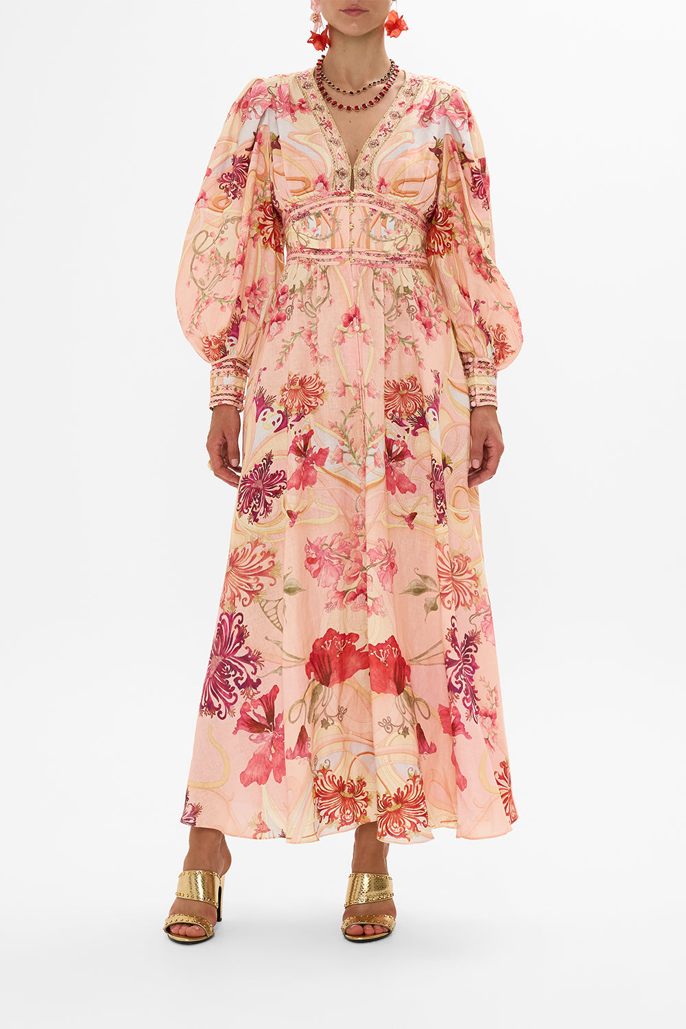 CAMILLA Floral Shaped Waistband Dress with Gathered Sleeves in Blossoms and Brushstrokes print