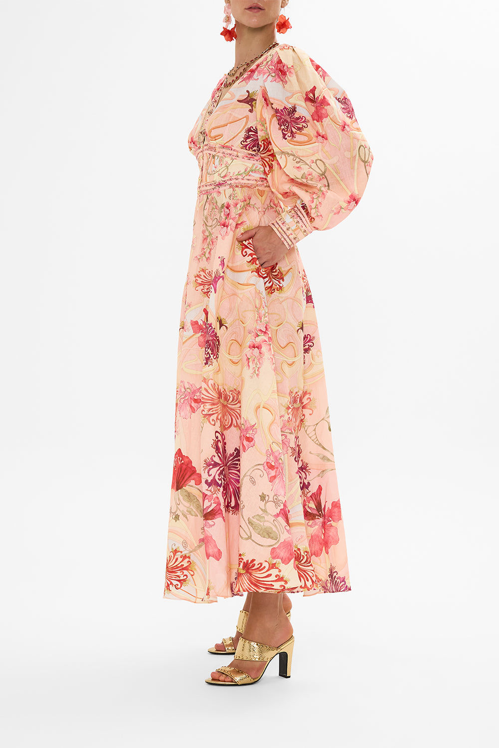 CAMILLA Floral Shaped Waistband Dress with Gathered Sleeves in Blossoms and Brushstrokes print