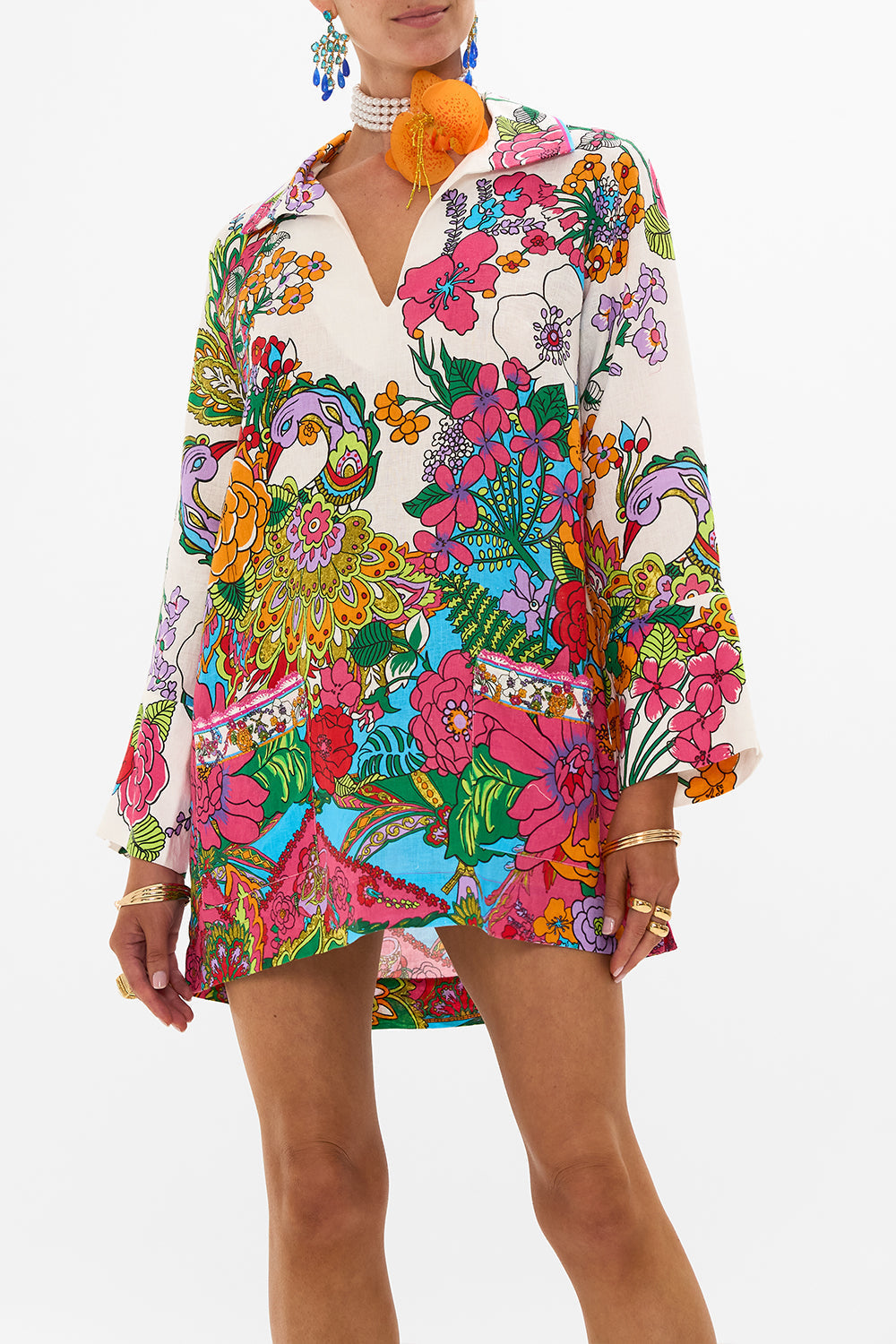 CAMILLA retro floral tunic dress in Cosmic Prairie print.